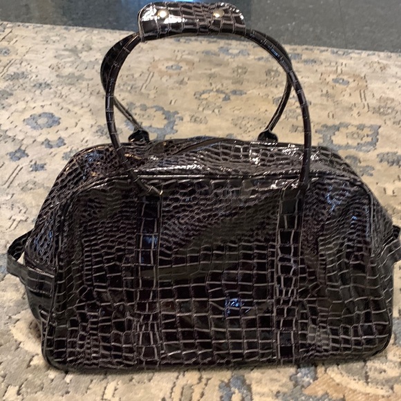 New Large Charcoal Faux patent leather alligator crocodile overnight bag handbag - Picture 1 of 3